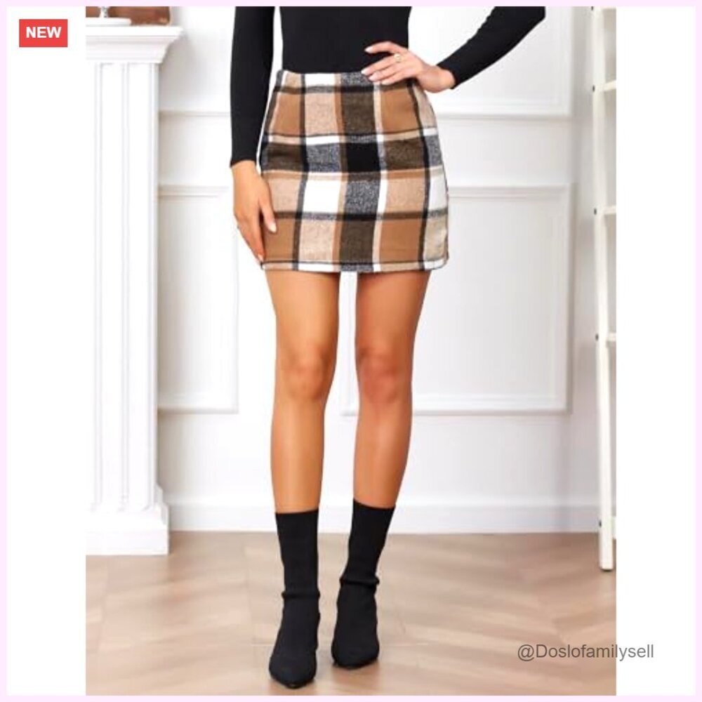 High Waist Wool Plaid Mini Skirt Bodycon Pencil Fit Casual Slim - Picture 2 of 6
